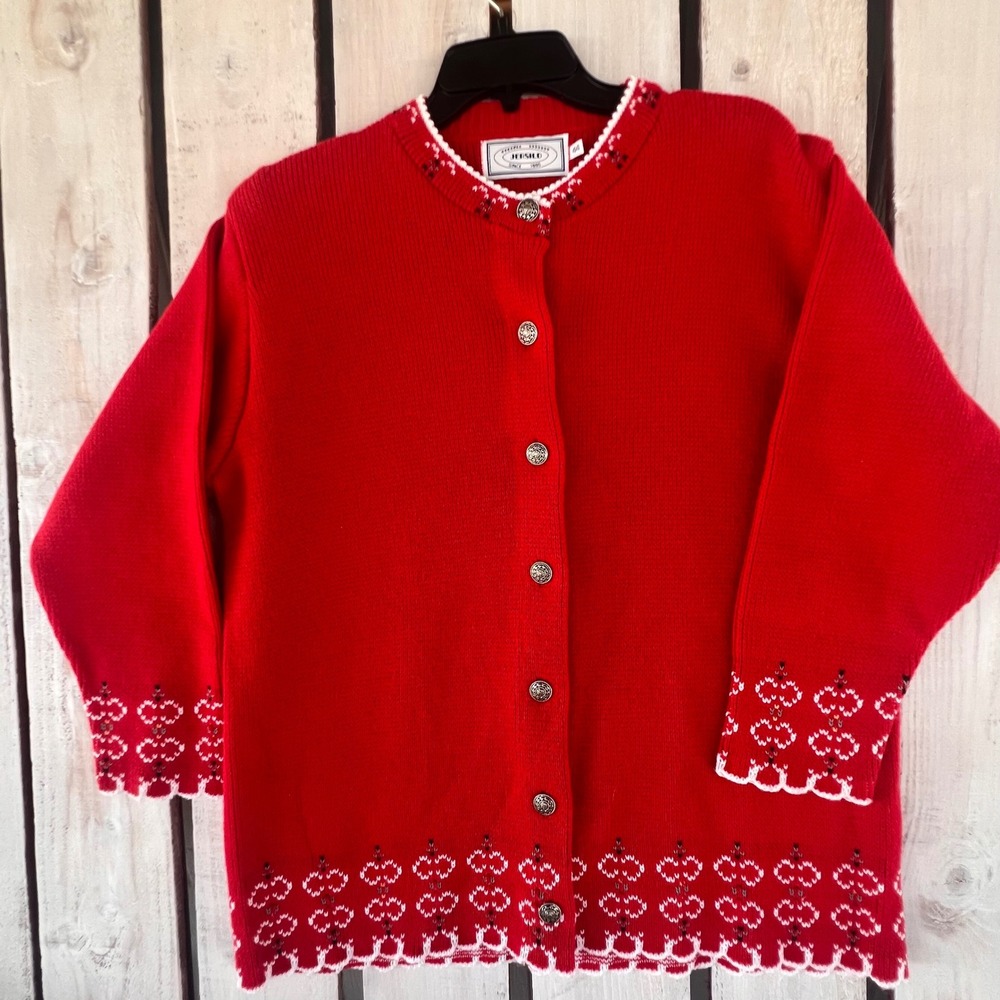 Jersild Cardigan Women 44 Red Nordic Fair Isle 6Silver Button Scallop Trim